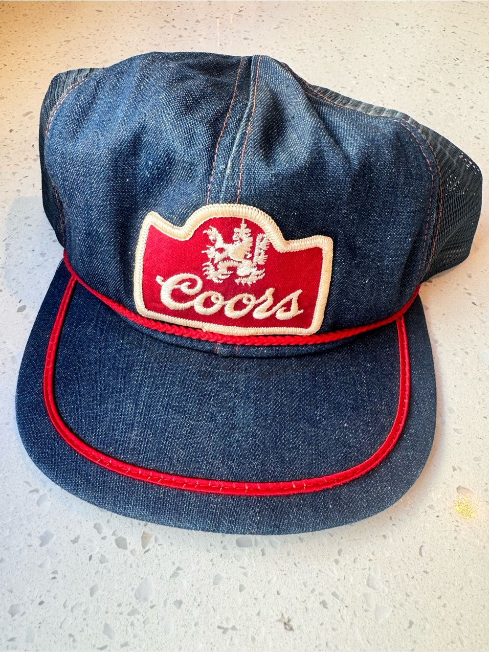 Vintage 70’s COORS Denim Patch Red Rope Snap Back Trucker Hat | Med/Large